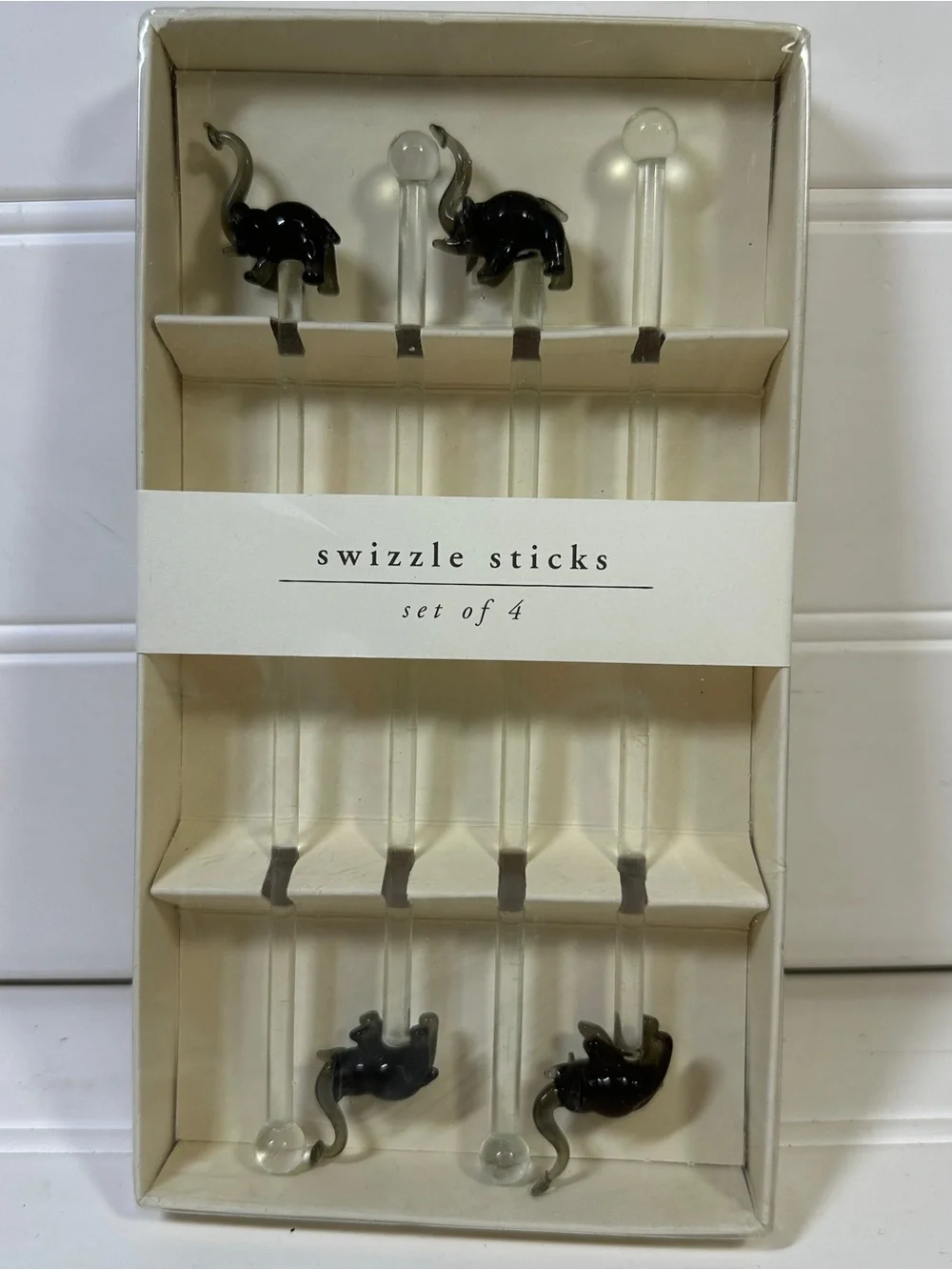 Pier 1 Glass Elephant Swizzle Sticks 1 Sets Of 4 Gray Drink Stirrers Barware